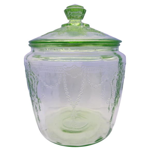 Anchor Hocking Green Uranium Glass Cameo Ballerina Biscuit Cookie Jar W/Lid - Picture 2 of 6